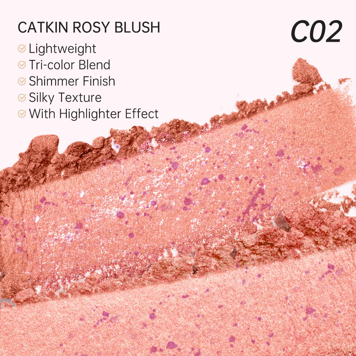 CATKIN Powder Blush for Cheek Blusher Natural Shimmering Blush & Highlight 2 in 1 Creamy Blendable Baked Blush Palette 10g C02 L