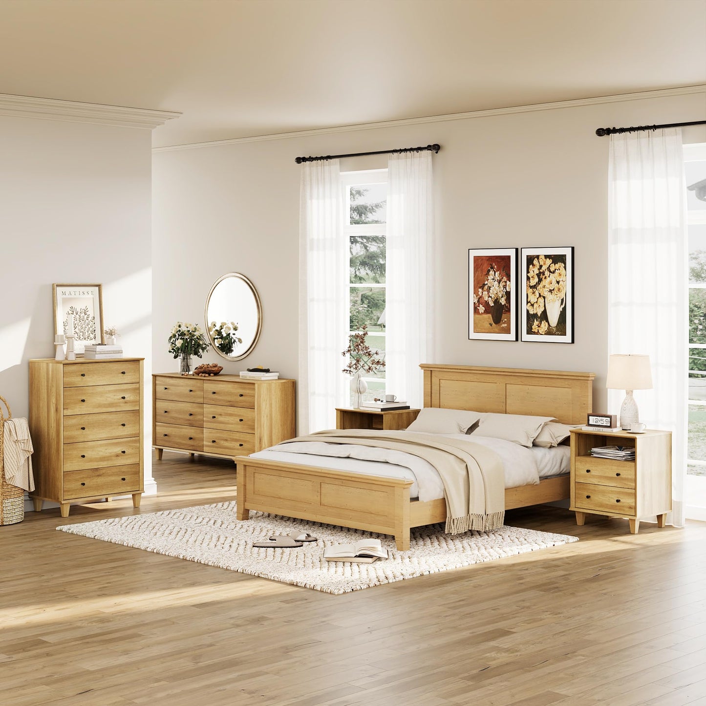 FENSULN 5 Drawer Dresser for Bedroom, Tall Modern Chest of Drawers, Beveled Profile Design, Wood Drawer Organizer for Bedroom, Living Room, Hallway and Entryway,Oak