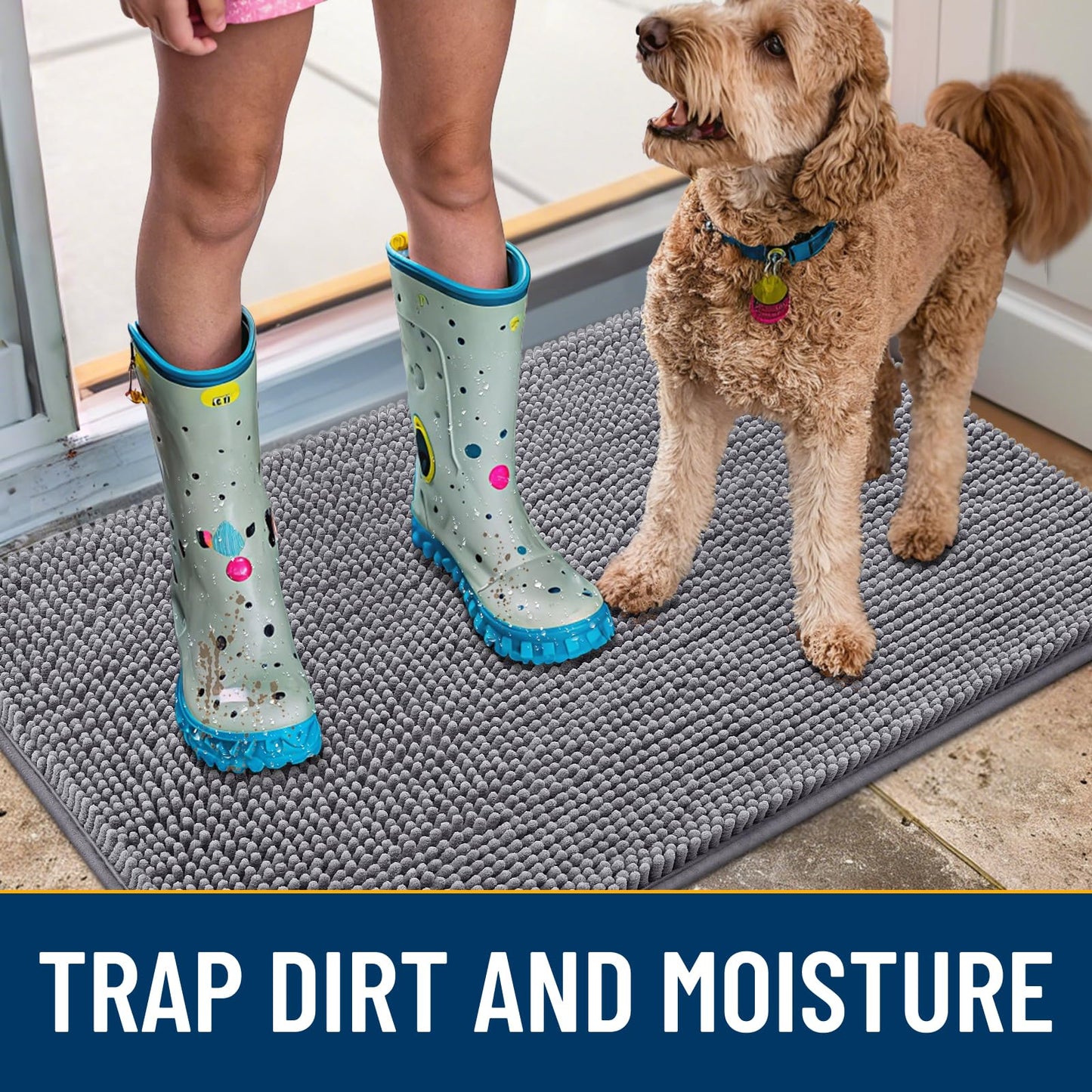 Smiry Dog Door Mat for Muddy Paws 48x30, Absorbs Moisture and Dirt Doormat, Non-Slip Washable Quick Dry Chenille Front Door Mat Indoor Entrance, Entryway Carpet for Inside Floor, Grey