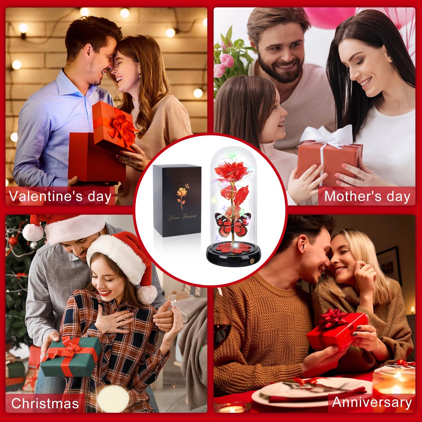 Birthday Gifts for Women Mom, Rechargeable Galaxy Glass Rose Light Up Rose In Glass Dome Forever Crystal Flowers Butterfly Gift Anniversary Christmas Roses Gifts for Her Wife Sister Friends Red