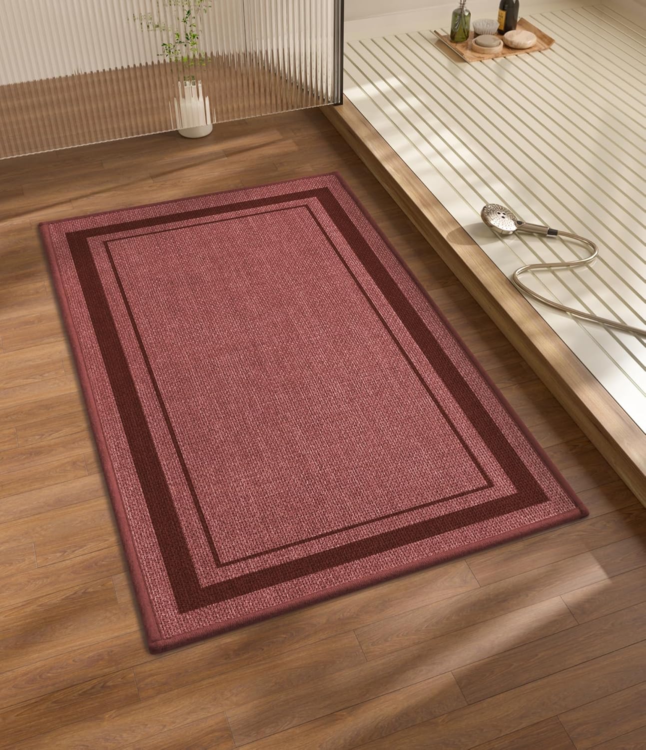 chakme Bathroom Rugs Mat 32x17, Ultra Thin Non Slip Bath Mat Quick Dry Absorbent Bath Mat for Bathroom, (Dark Pink, 32"x17")