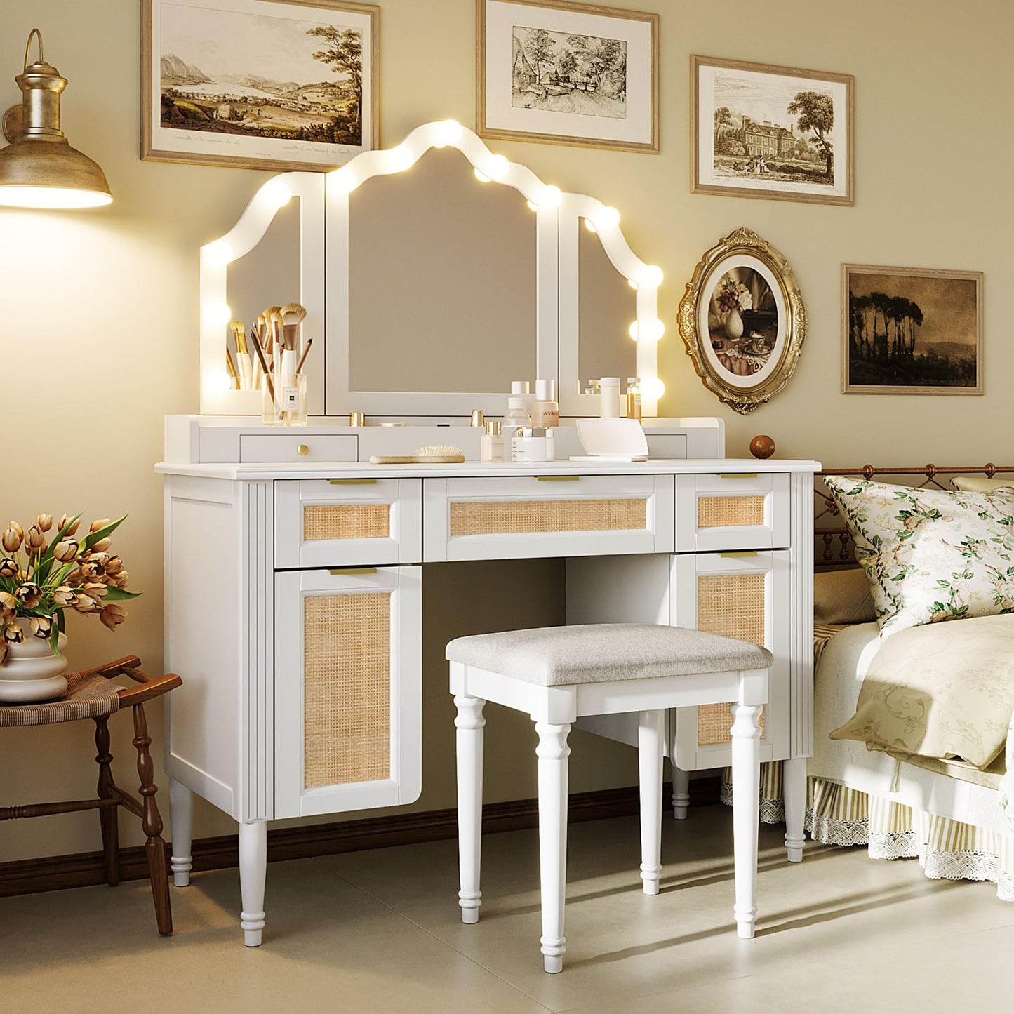 Merax 44.37 inch Makeup Vanity Desk with 13 Hollywood Bulbs & Tri-Fold Mirror, Dressing Table with 5 Drawers, Shelves, Charging Station (2 AC Outlets + USB + Type-C), 3 Lighting Modes, White