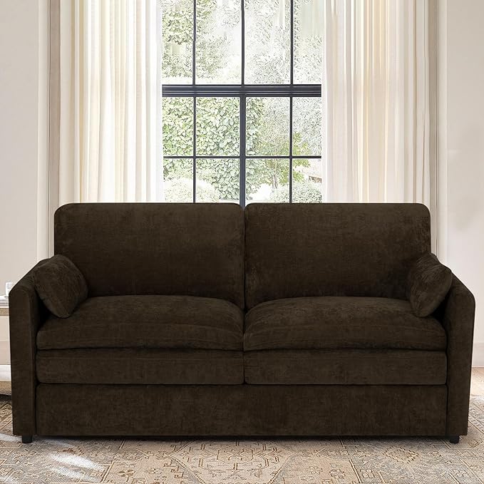 ACMEASE 69” Chenille Loveseat Sofa w/Arm Pillows, Upholstered 2-Seater Sofa w/Comfortable Back Cushions, Modern 2 Seats Couch w/High-Density Foam for Living Room, Apartment, Office, Brown
