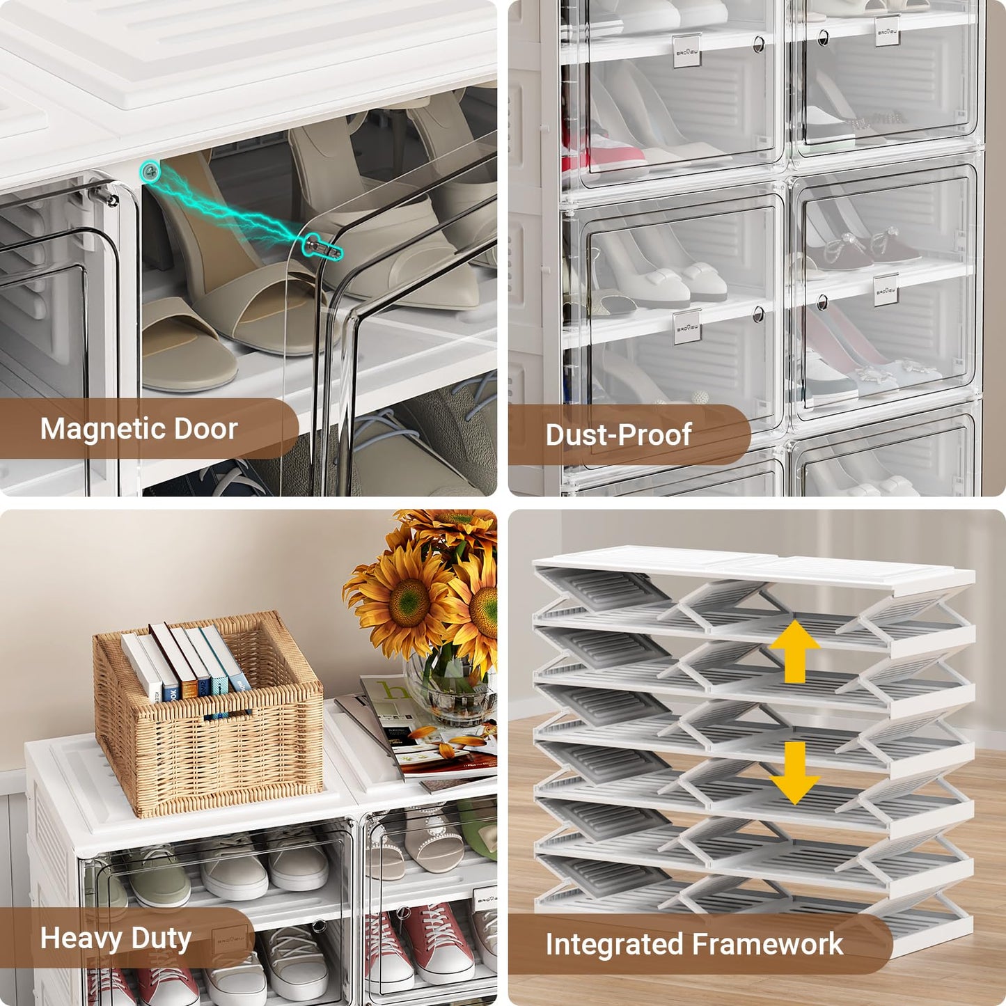 BROVIEW 9 Tiers 36 Pairs Heavy Duty Shoe Storage and Organizer, Hard Plastic Stackable Shoe Box, Shoe Cabinet storage for Entryway, Large Shoe Storage Bins, Folding Shoe Rack with Magnetic Door