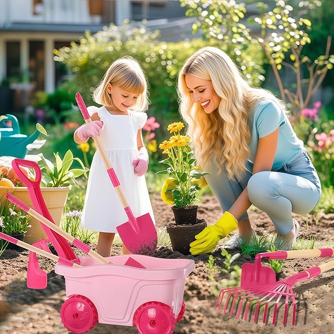 Duckura Kids Gardening Tools Set - 7pcs Wheelbarrow Set for Kids with Shovel, Rake, Leaf Rake, Summer Outdoor Yard Digging Weed Toys, Easter Birthday Gifts for Boys Girls Age 2 3+ Years Old(Pink)