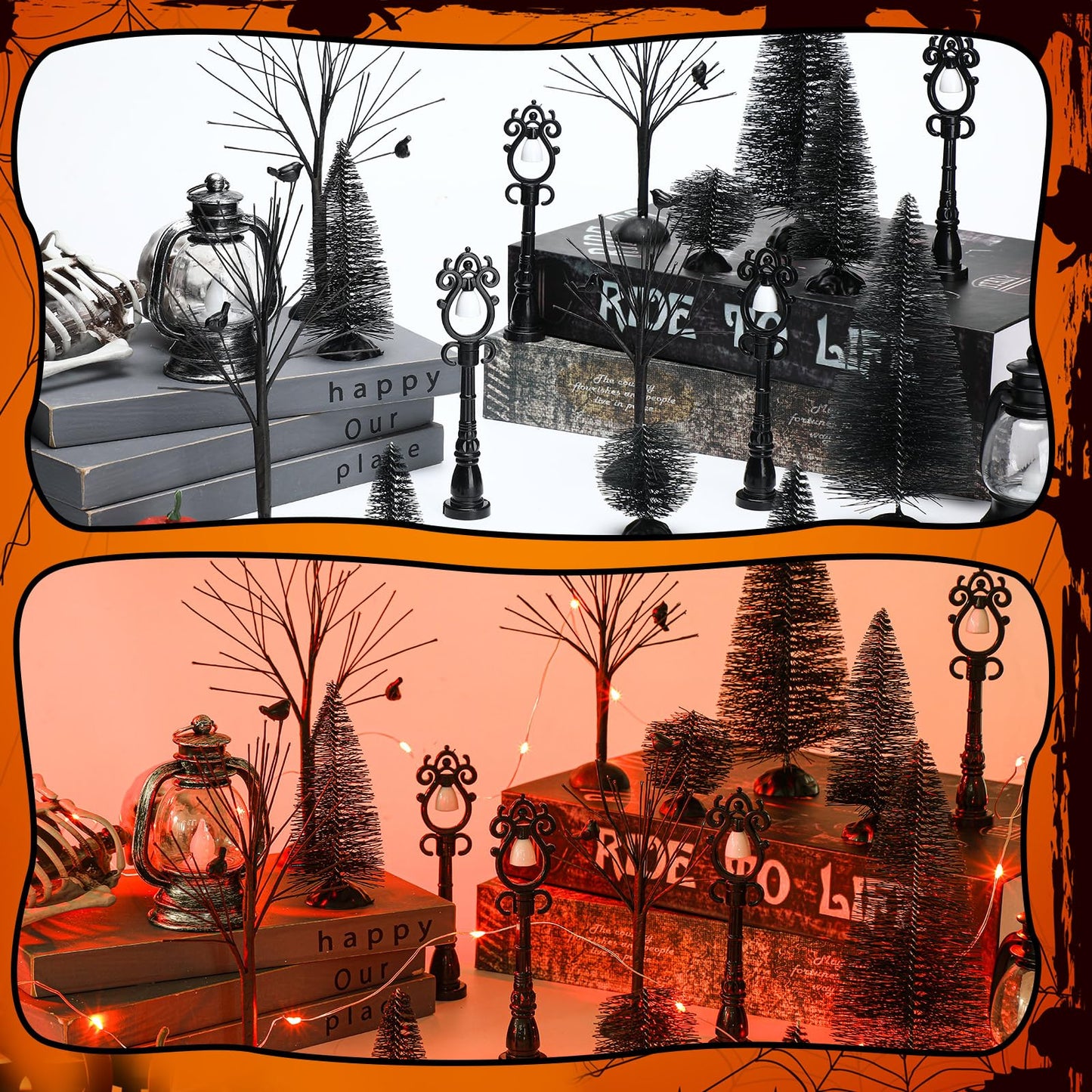Zeyune Halloween Village Accessories Ornaments Set Bare Branches Bottle Brush Trees Halloween Night Street Lamps Figurine Set with LED String Lights for Party Decor(Orange Trees,17 Pcs)