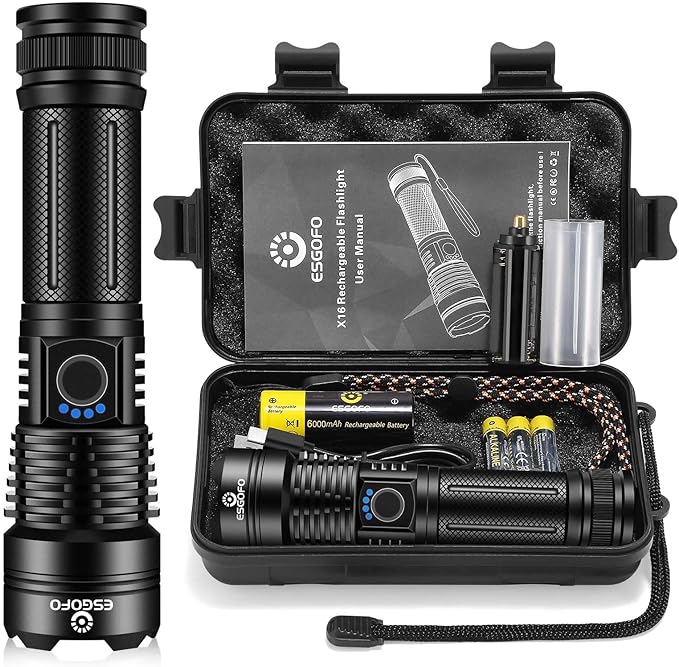 Esgofo Flashlights High Lumens 10000 Rechargeable, Super Bright Handheld LED Flash Light, Powerful Emergency Linternas, Waterproof, Long Lasting, for Hiking Camping Gift