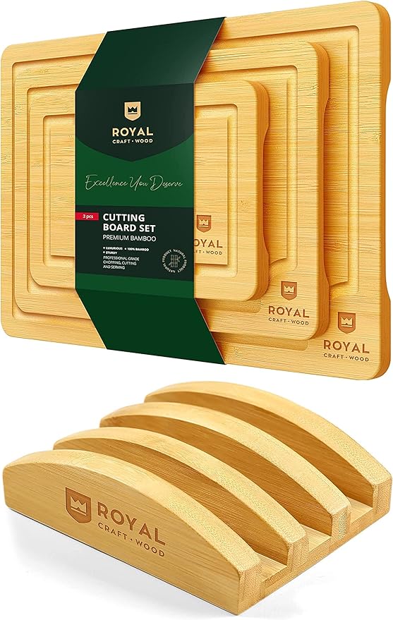 ROYAL CRAFT WOOD Bamboo Cutting Board Set with Juice Groove (3 Pieces) and Cutting Board Organizer