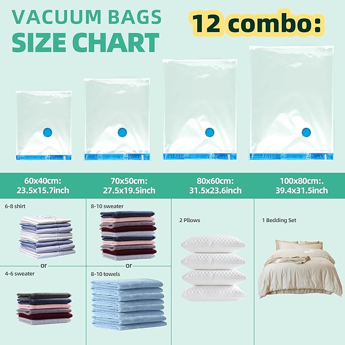 Vacuum Storage Bags with Electric Pump, Vacuum Seal Space Saver Bag for Clothes, Clothing, Blanket Bedding Comforters,Combo 12 Pack