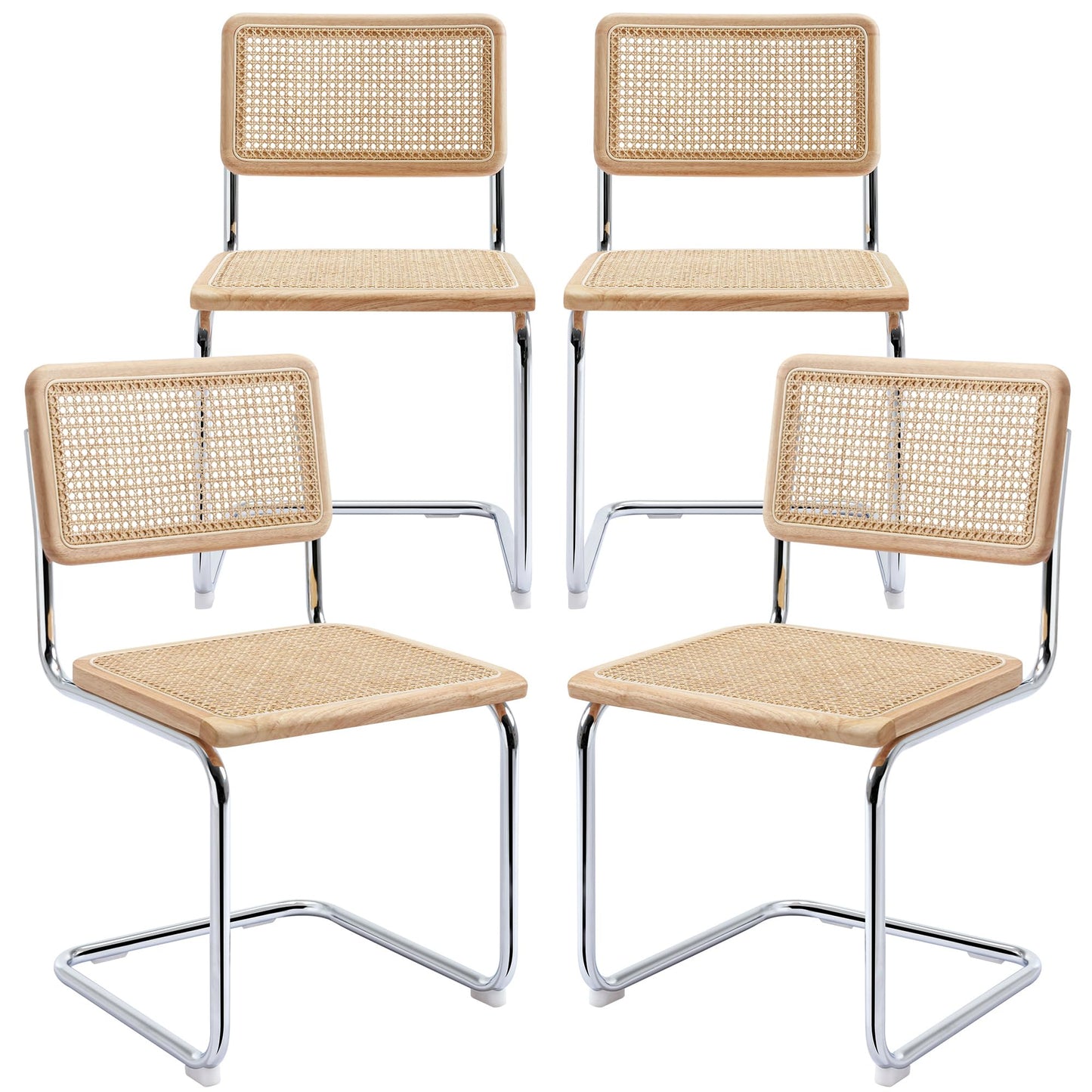 Flouki Rattan Dining Chairs Set of 4, Boho Accent Chairs for Kitchen Room with Natural Cane Mesh, Mid Century Cantilever Design, Undyed Solid Wood