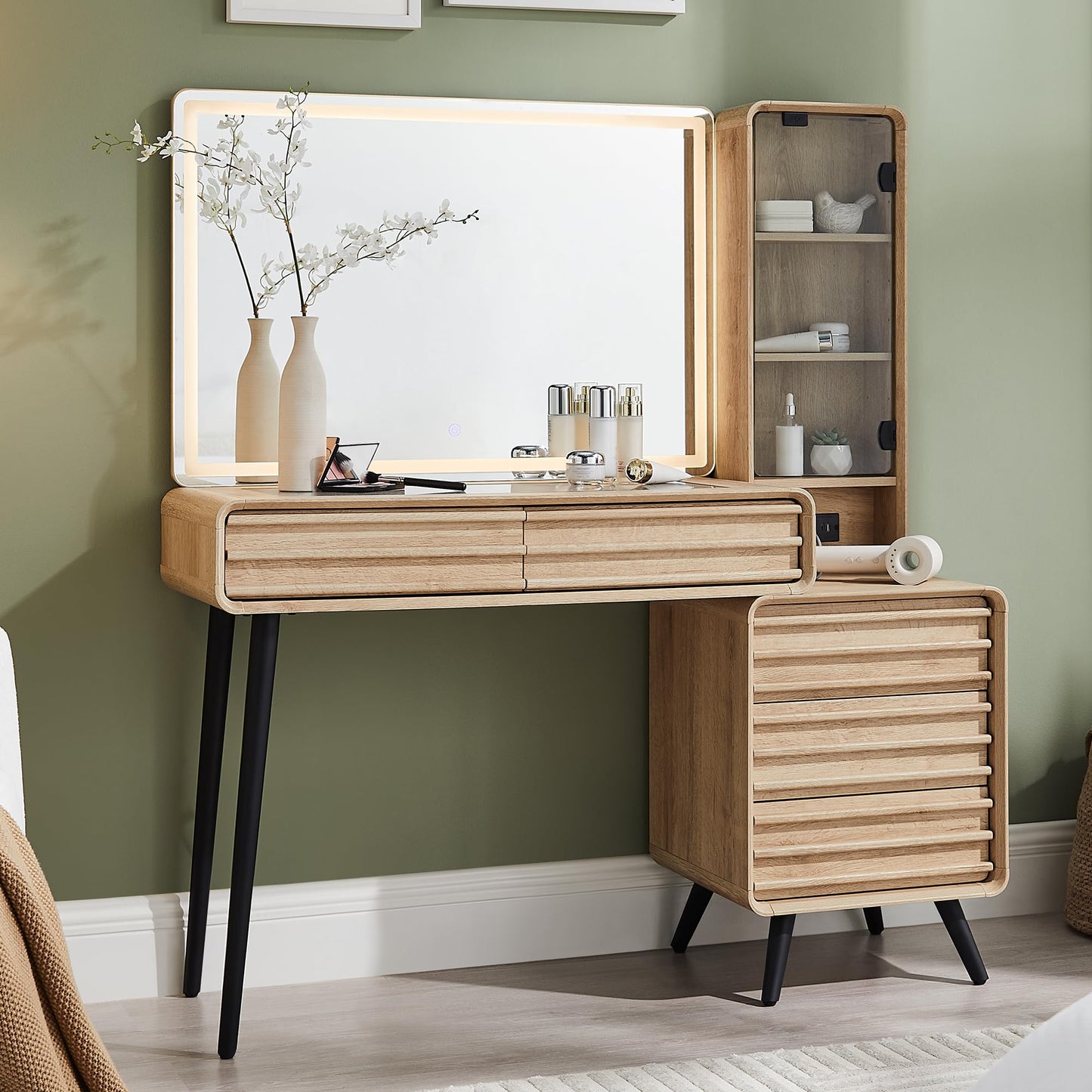 Fluted Makeup Vanity Desk with Large 35" HD Lighted Mirror, 48" Mid Century Modern Glass Top Vanity Table with 5 Drawers & Adjustable Shelf, Dressing Table w/Charging Station for Bedroom, Natural Oak