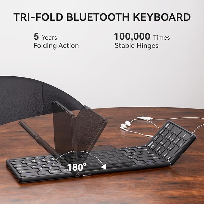 Foldable Keyboard and Mouse, USB-C Rechargeable Folding Wireless Bluetooth Keyboard Combo, Full-Size Portable Travel Keyboard & Mouse for Business Travel, Compatible with Laptop iPad Tablet
