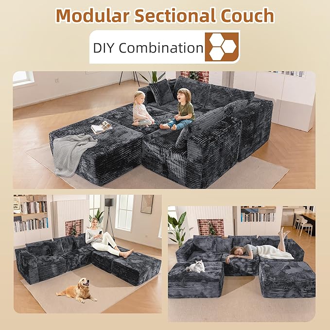 110 Modular Sectional Boneless Sofa with 2 Ottomans, Corduroy U-Shaped Modular Sectional Sofa, Convertible Cloud Couch with Deep Seats, No Assembly Required (Grey, 110" 3Seat+2 0ttoman)