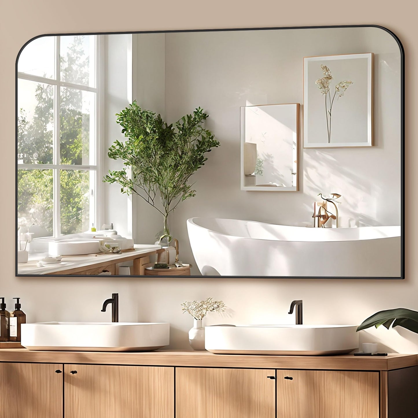LadyNow Bathroom Mirror, 48x32 Inch Wall Mirror, Black Metal Framed Wall-Mounted Mirrors, Bathroom Vanity Mirror, Mirrors for Over Sink, Bathroom, Living Room, Bedroom, Entryway