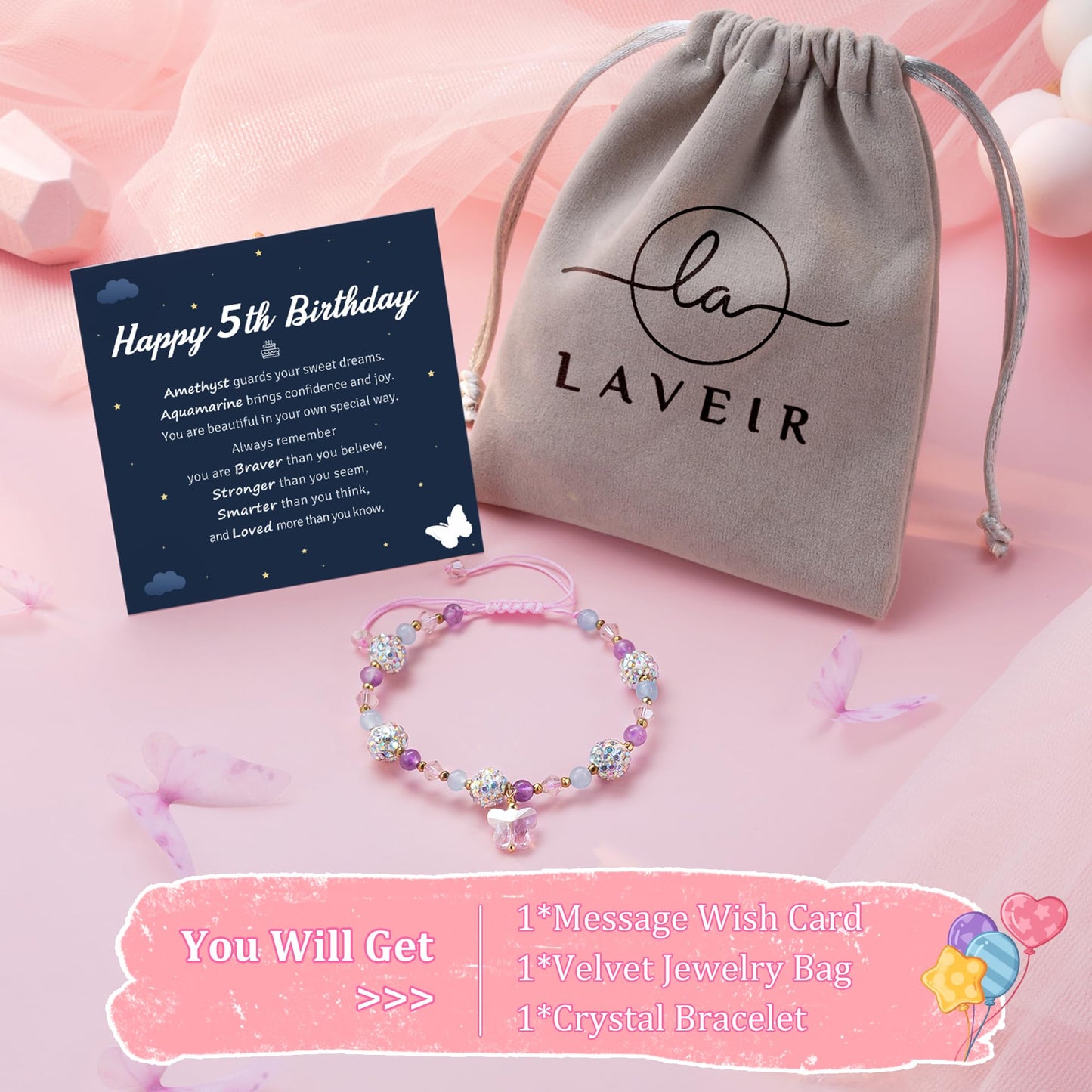 LAVEIR 5 Year Old Girl Birthday Gift Ideas, Butterfly Birthday Gifts for 5 Year Old Little Girls Crystal Jewelry Bracelet for Daughter Granddaughter Niece