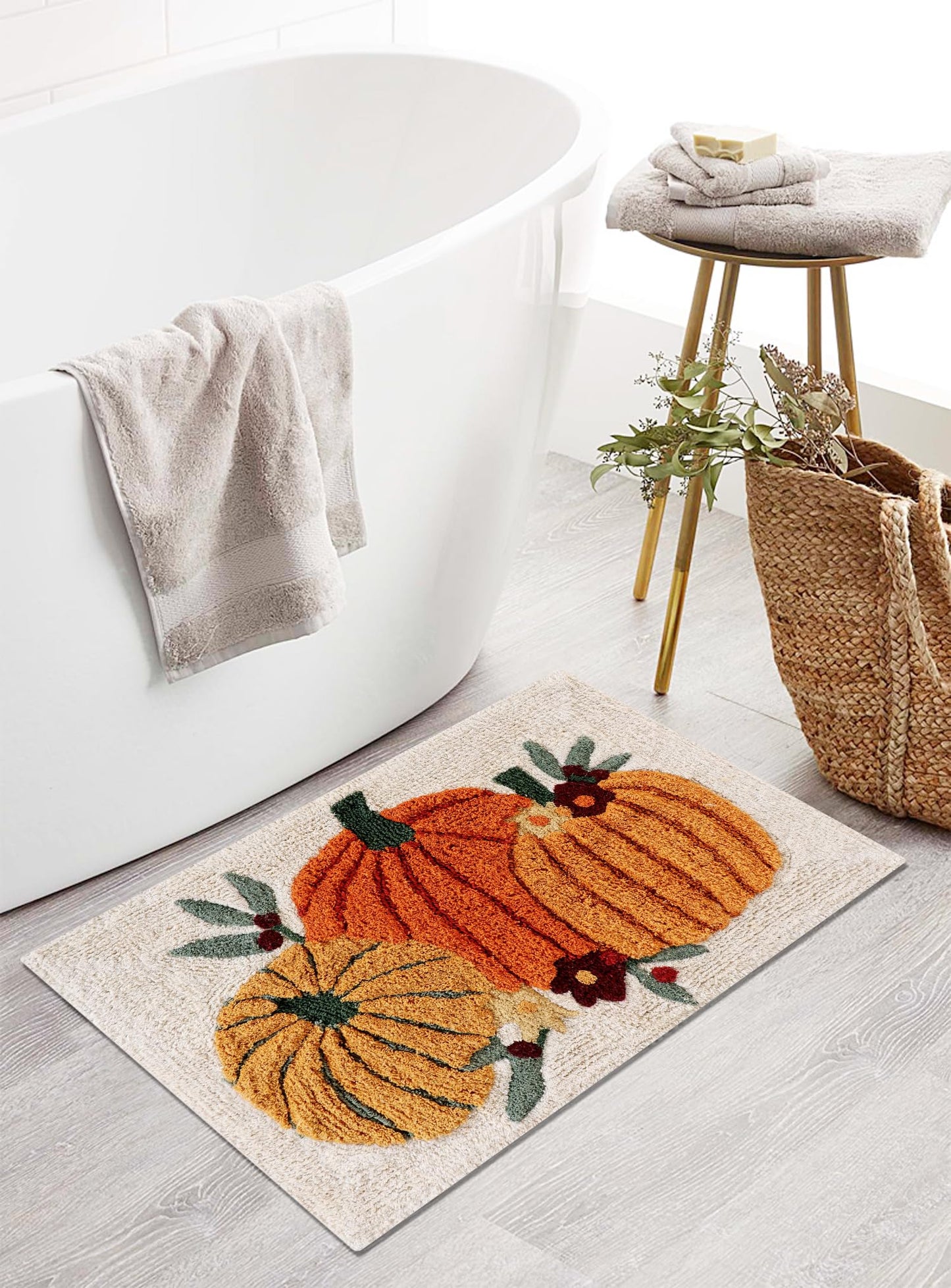 KEMA Soft 100% Cotton Halloween Pumpkin-Style Regular Use Rectangular Spa Mat Rug Plush Water Absorbent, Decorative Border - for Bathroom Vanity, Bathtub/Shower - Machine Washable - 1 Pack