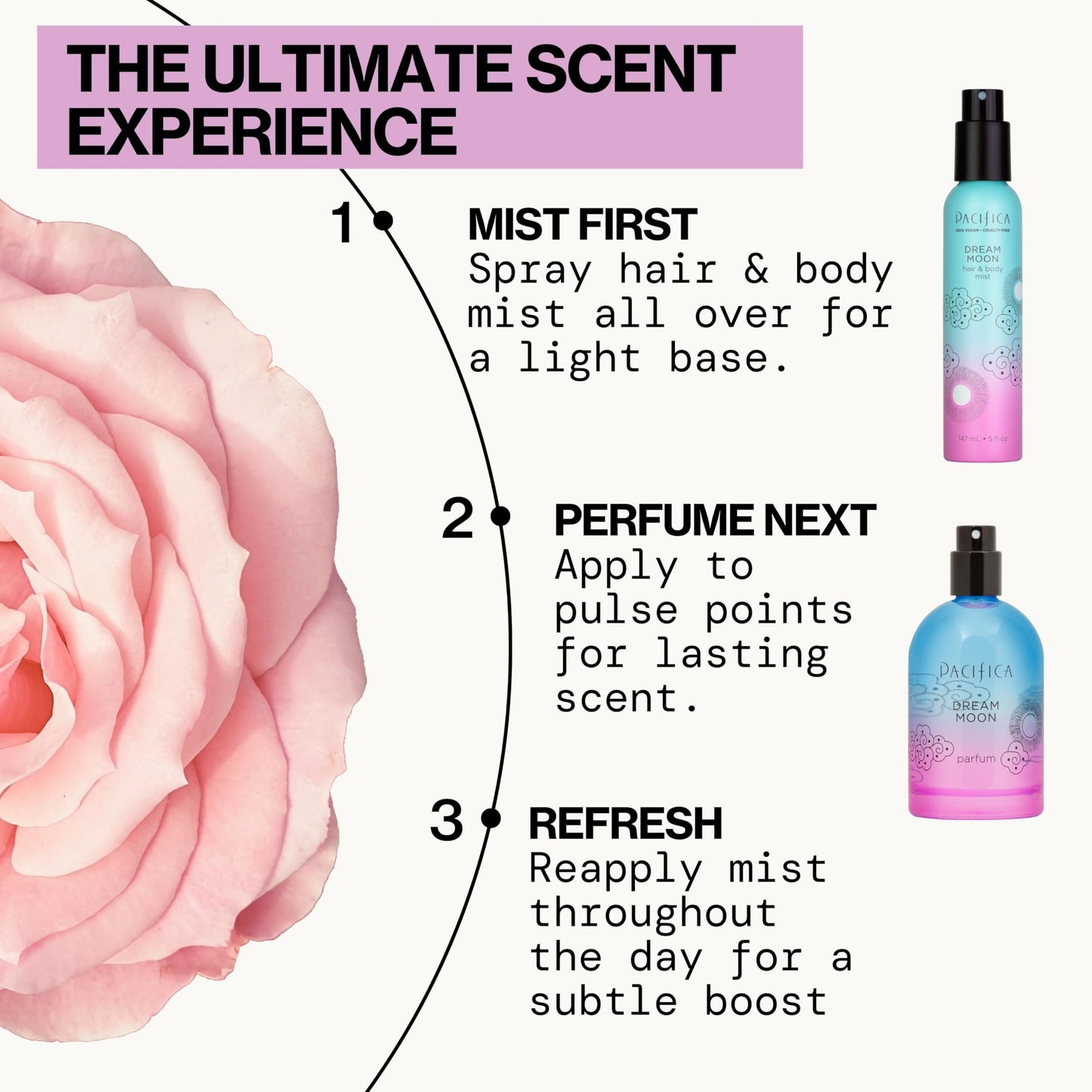Pacifica Hair Perfume & Body Fragrance Spray Mist - Dream Moon with Bergamot, Pear, Pink Rose, Coconut, Vanilla, Sandalwood & Patchouli – Alcohol-Free, Vegan & Cruelty-Free, 5 oz (1 Count)