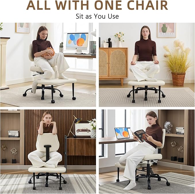 Ergonomic Cross Legged Office Chair, Criss Cross Chair with Wheels, 360°Swivel ADHD Meditation Kneeling Yoga Seat with Adjustable Height, Ergonomic Back Support and Leg Rest, Leather (White)