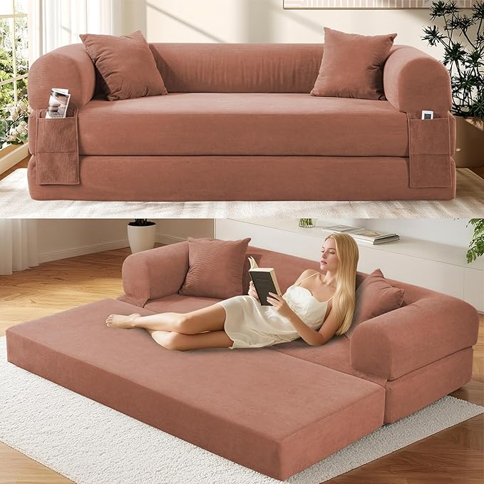 GJQ Convertible Futon Sofa Bed,80" Folding Pull Out Couch Bed with Storage,Queen Sleeper Sofa Bed,Compressed Couch in a Box,Corduroy Boneless Couches for Living Room,Pink