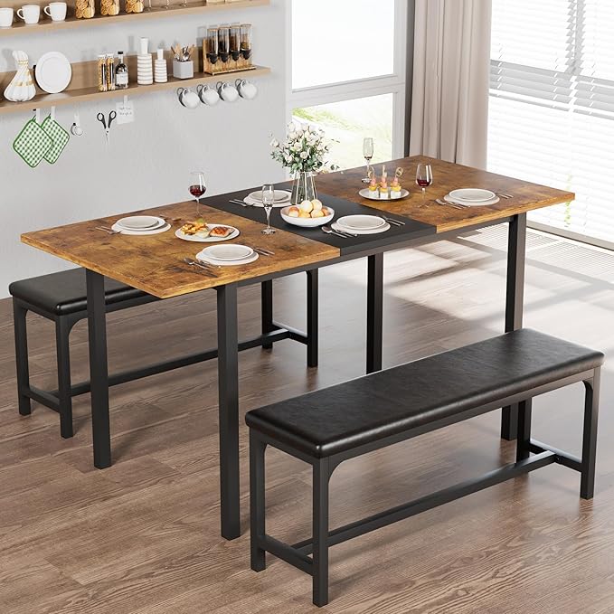 VECELO 3-Piece 63" Extendable Kitchen Table with Benches/Chairs, Modern Breakfast Dinette/Dining Room Set for 4/6/2, Small...