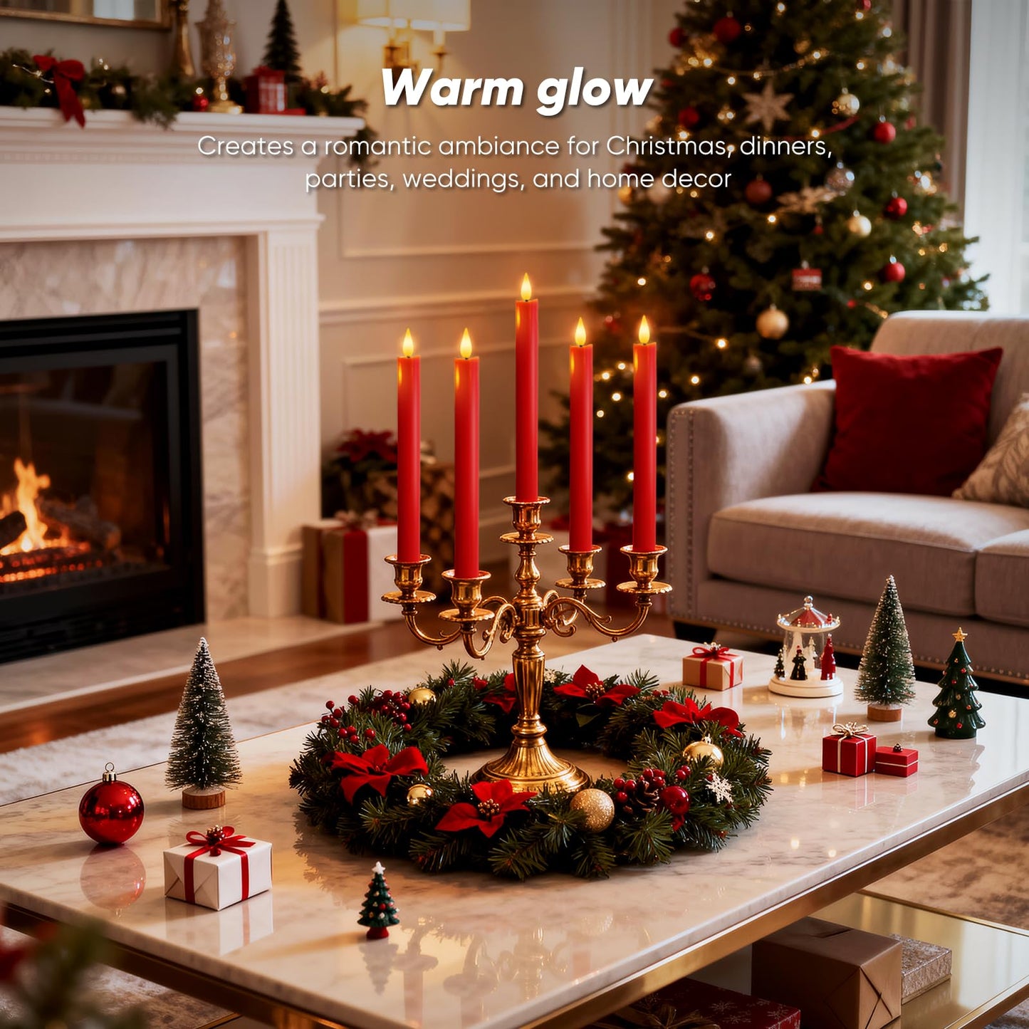 Homemory 6 Pcs Real Wax LED Red Flameless Taper Candles with Remote Timer, 9.6 Inches Fake Candlesticks, Dripless Battery Operated Window Candle with 3D Flickering Flame for Fireplace Xmas Decor