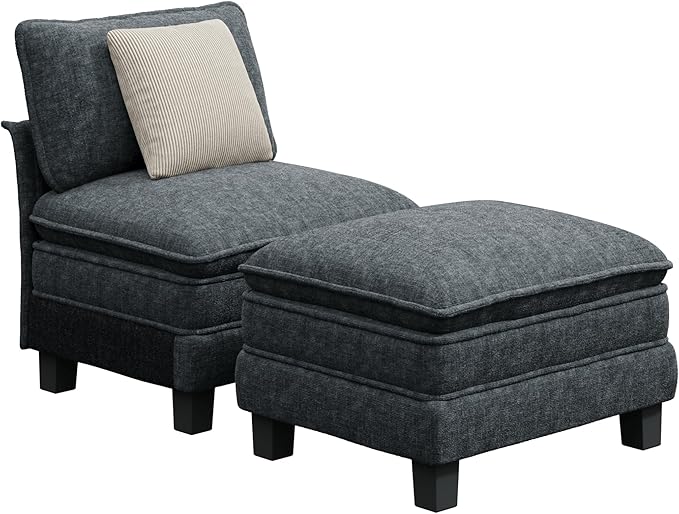 PHI VILLA Oversized Single Armless Sofa with Ottoman, Upholstered Chaise Lounge Chairs, Indoor Cloud Reading Chair with Deep Seat for Small Spaces, Chenille Fabric, Dark Cyan