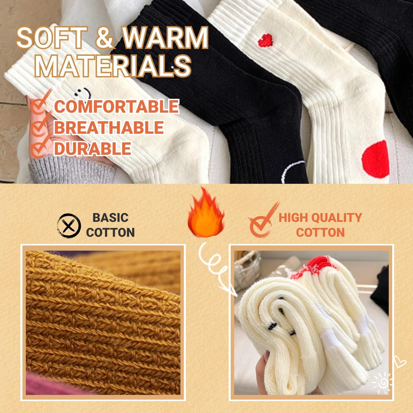 Heart Socks Women Fuzzy Socks Smiling Face Warm Cozy Soft Ankle Socks Fluffy Thick Winter Home Barefoot Crew Socks (4Pairs[White Heart+Black Heart+White Smiling Face+Black Smiling Face])