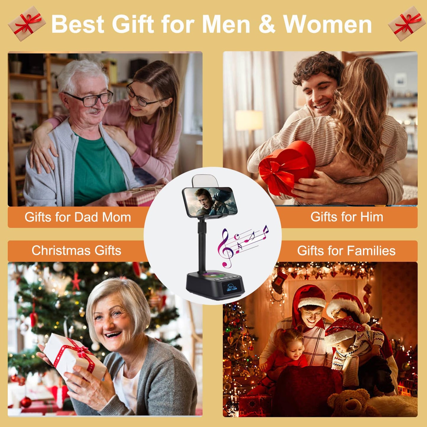 Gifts for Men Women, Phone Stand with Bluetooth Speaker, Birthday Gifts Him Her, Adjustable Height Phone Holder with HD Stereo Sound Fits All Phones &Tablet, Unique Gifts for Dad Mom Christmas