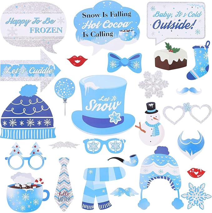 27 Pieces Snowflake Photo Booth Props Kit, Holiday and Winter Wonderland Party Decorations for Winter/Wedding/Christmas/Ho...