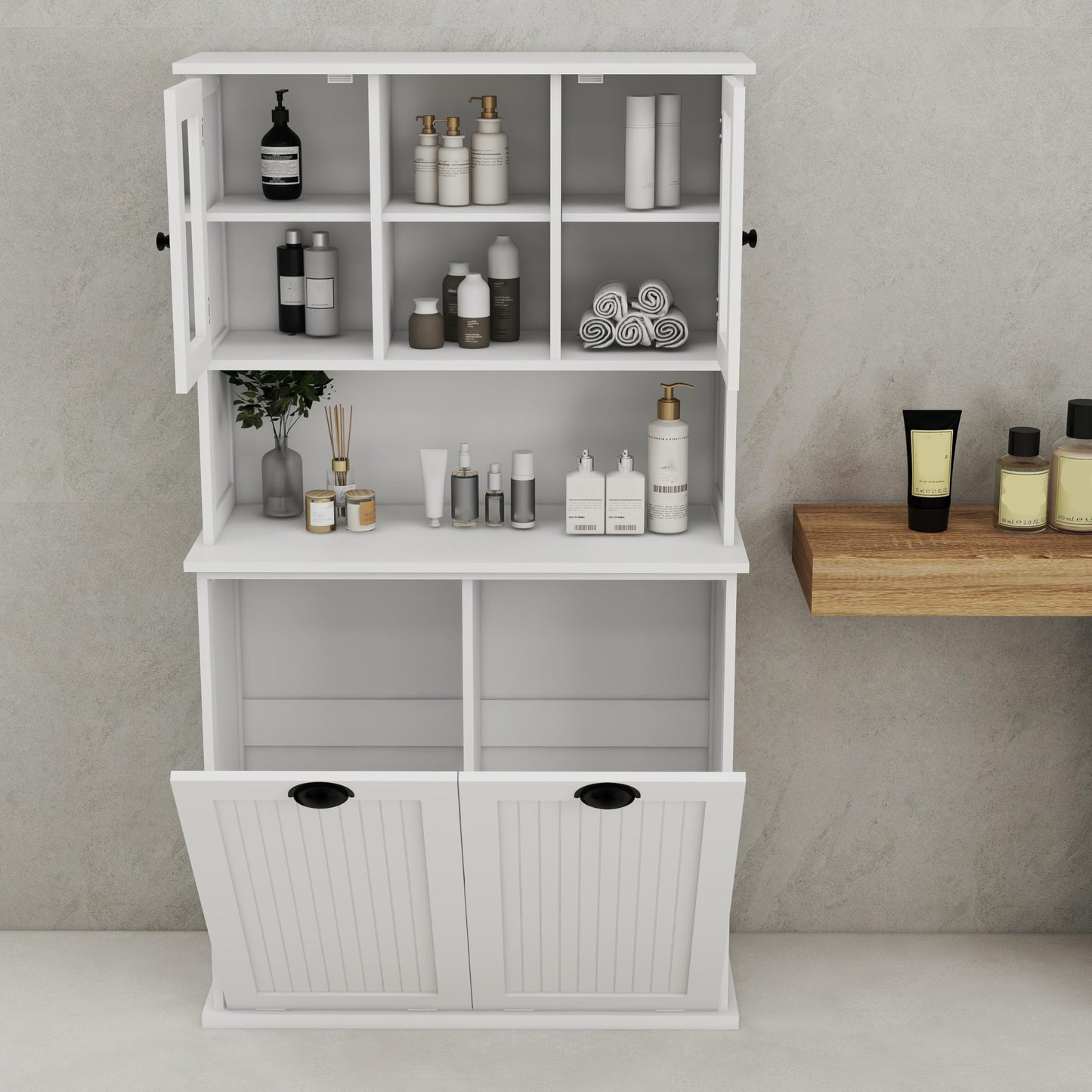 agnixnaf Two-Compartment Tilt-Out Dirty Laundry Basket Tall Bathroom Cabinet with 2 Adjustable Shelves-White