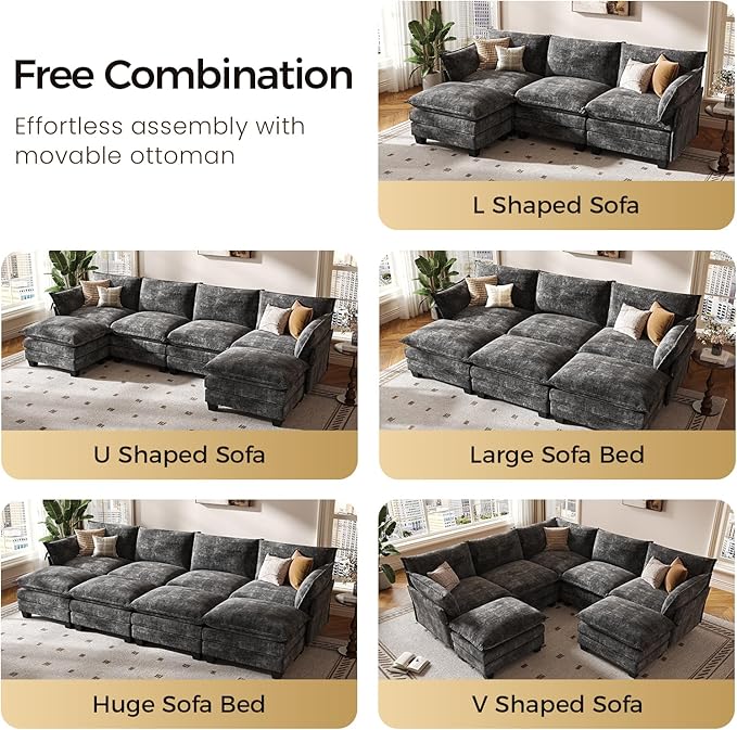 KKL 120" Huge Modular Sectional Sofa Bed, 8 Seater Convertible J/L/U-Shaped Sleeper Cloud Couch with Ottoman, Chenille Sectional Couches for Living Room, Apartment, Grey