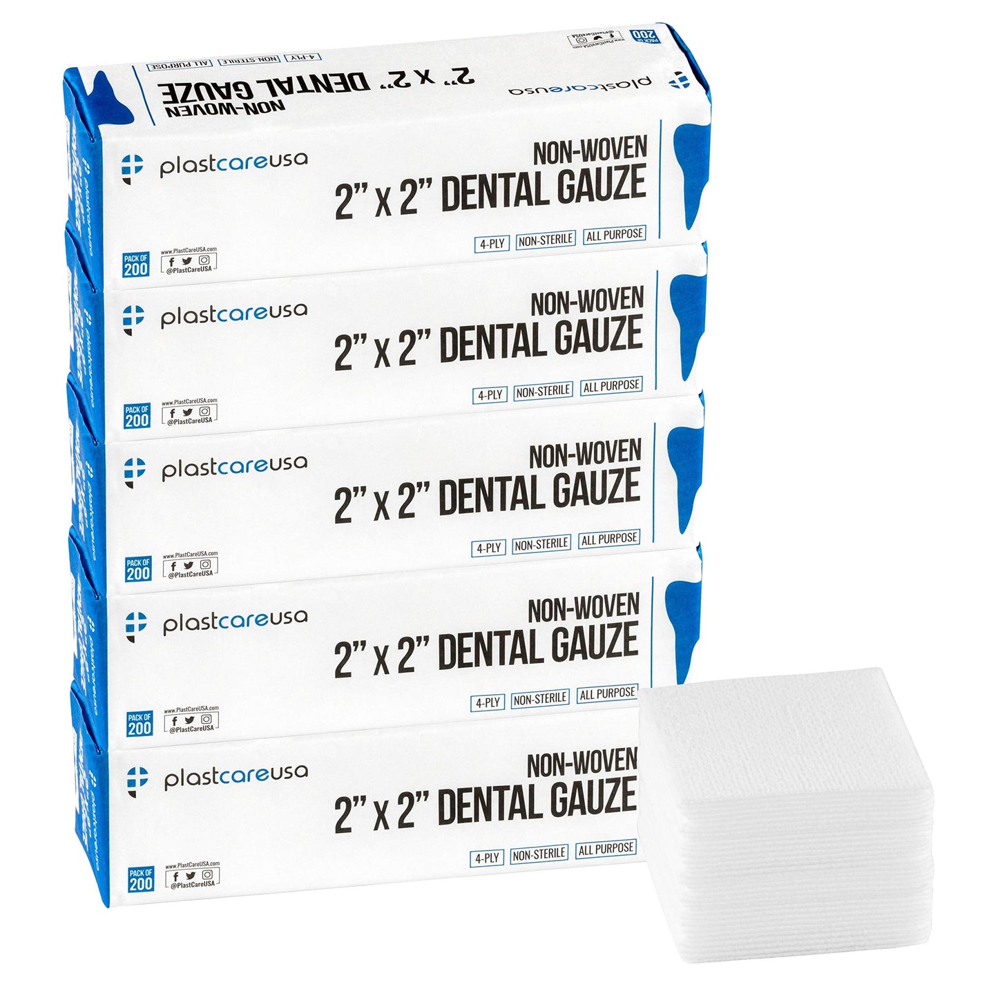 1000 Count 2x2 Gauze Pads - Soft 4-Ply Non Woven Sponges - Non Sterile Dental & Esthetic Wipes - All Purpose Medical Gauze Squares for First Aid, Surgical, Wound Dressing (5 Packs of 200)
