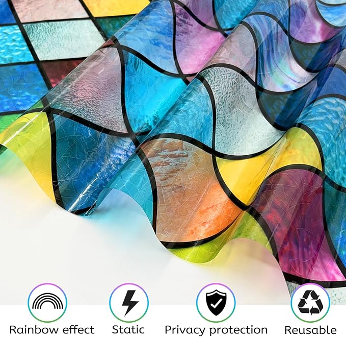 QHY Sunshine Colorful Rainbow Stained Glass Window Film Non-Adhesive Window Privacy Film Reusable Decorative for Room (Chequered Rainbow, 17.5 X 157.4 in)