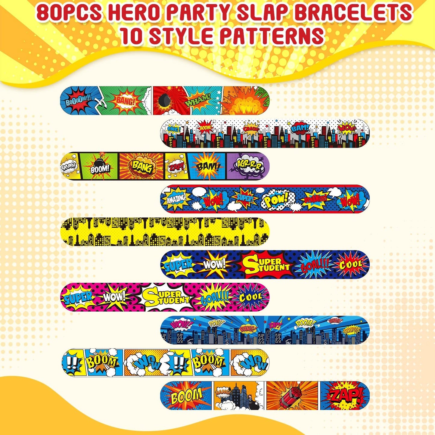 Junkin 40 Pieces Hero Tie Dye Party Favors Slap Bracelets for Kids Boys Girls Snap Bracelets Party Supplies Wristband Birthday Supplies Decorations, 10 Styles (Hero)