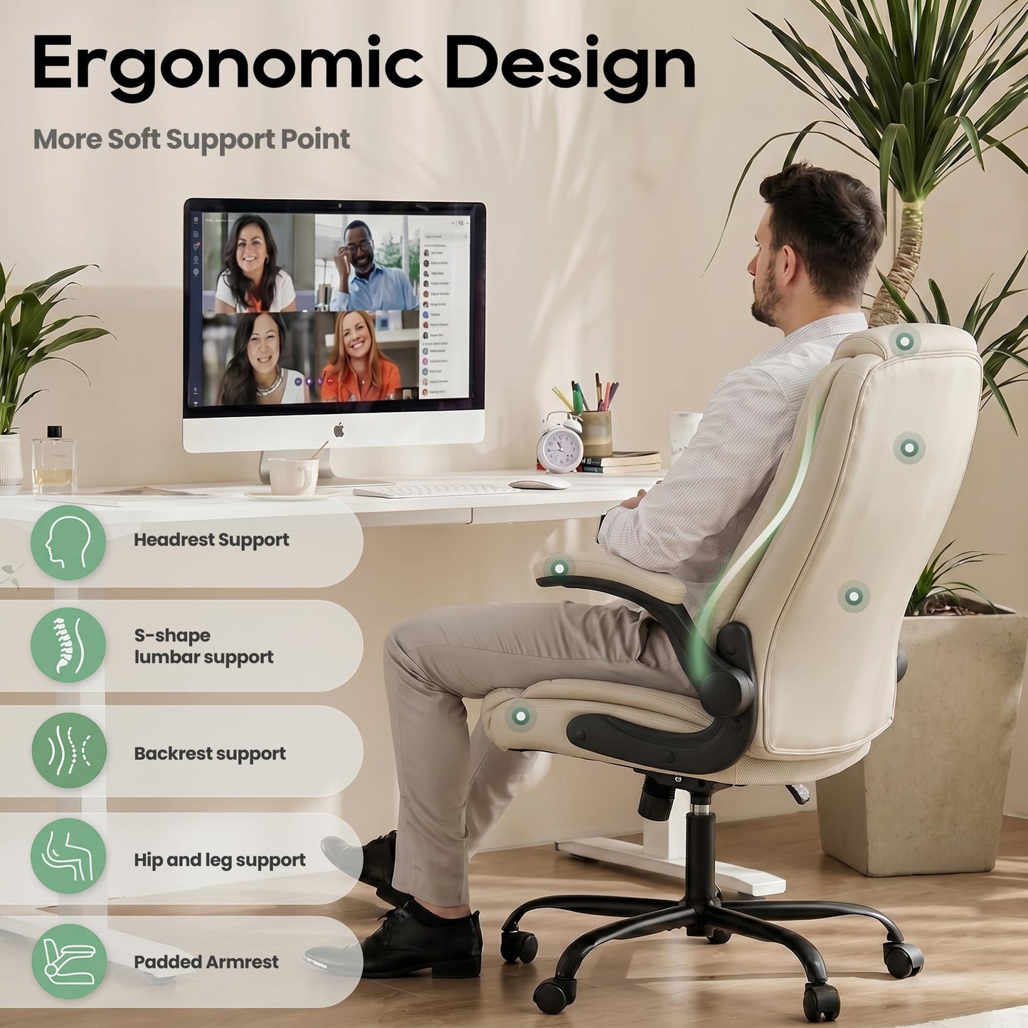 MALOL Leather Office Chair, Computer Desk Chair with Adjustable Lumbar Support, Thick Cushion, Flip-Up Arms and Ergonomic Back, Comfy Executive Office Chair for Home Office Gaming,Beige