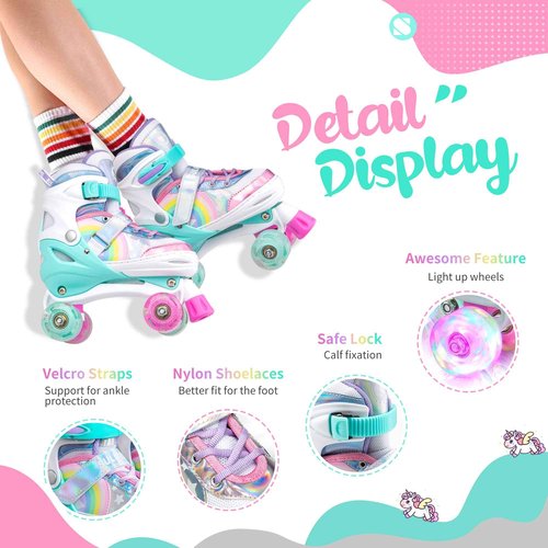 SULIFEEL Rainbow Unicorn Roller Skates for Youth Size Large and Adjustable Protective Gear Set Shiny Medium