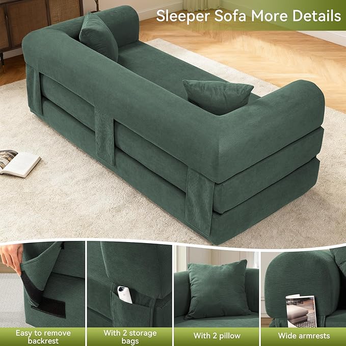 GJQ 80" Convertible Sofa Bed,Corduroy Folding Sleeper Sofa Bed Queen with Pillows & Storage,Modular Pull Out Couches Boneless Couch for Living Room,Compressed Couch in a Box,Light Green