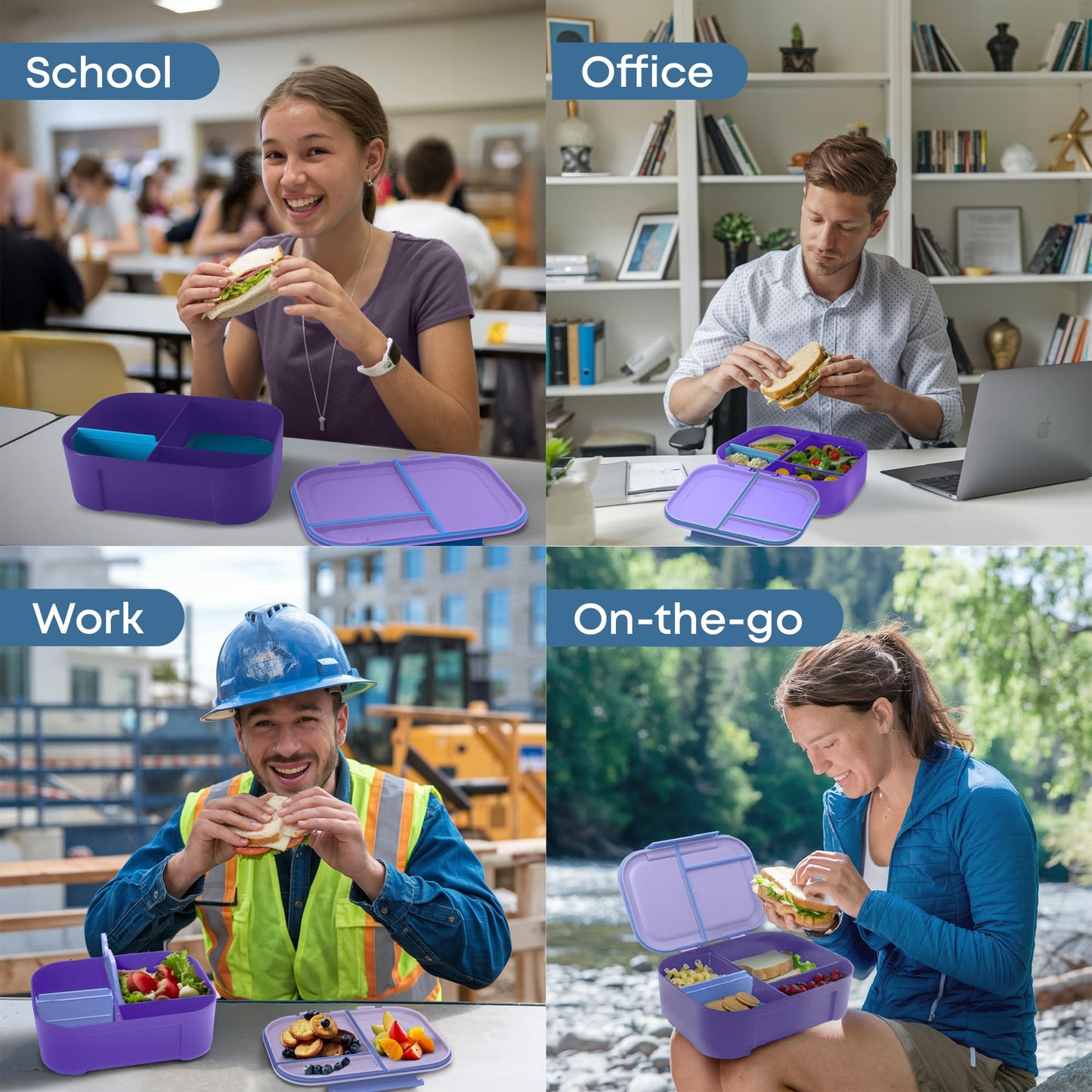 KARRICO Leakproof Lunch Box – 3-Compartment Bento Box, Cooler Pack & Adjustable Divider, Extra Large & BPA-Free – Dishwasher Safe, Ideal for On-the-Go Meals, Lilac & Blue