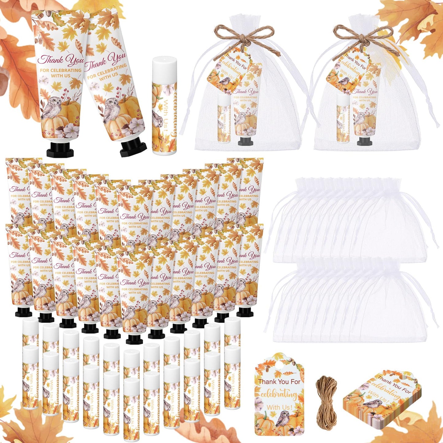 Swiffen 48 Sets 192 Pcs Fall Pumpkin Baby Shower Gifts for Guests Pumpkin Owl Bridal Baby Shower Hand Cream and Lip Balm Autumn