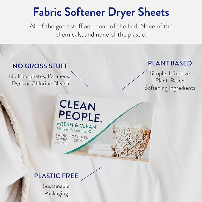 The Clean People Fabric Softener Sheets - Dryer Sheets - Softens & Removes Static Cling - Vegan Laundry Softener With Essential Oils - Fresh Scent, 120 Pack