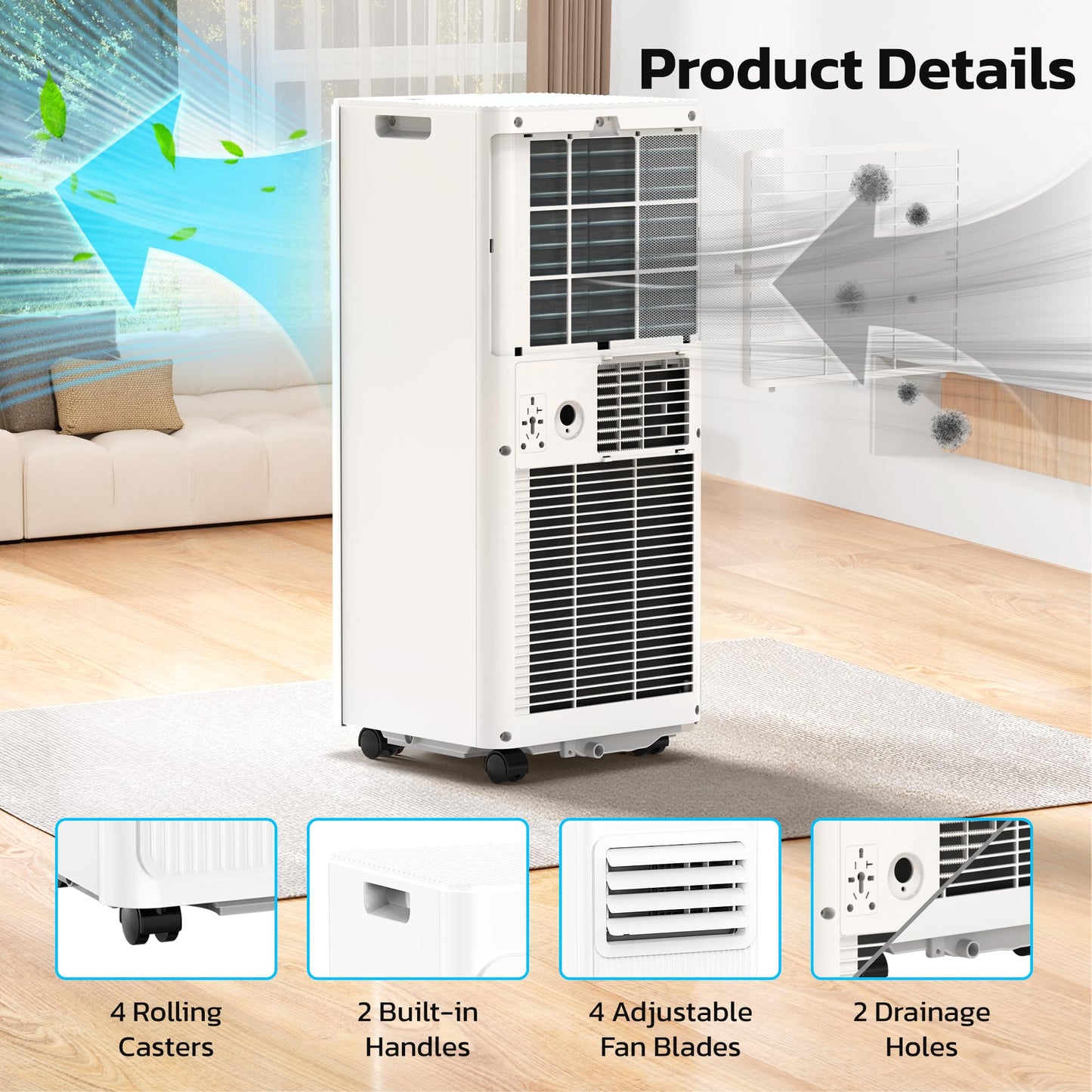10000 BTU Portable Air Conditioners for Rooms up to 550 Sq Ft, 4 Modes Portable AC Unit with Cool/Fan/Dehumidifier/Sleep, Remote Control & 24H Timer, Energy Saving for Bedroom, Apartments