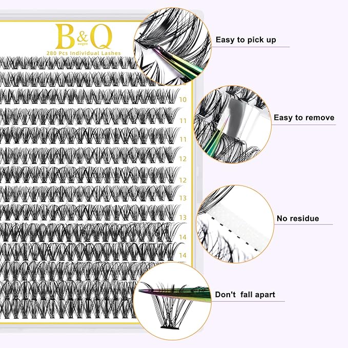 B&Q Lash Clusters 280PCS Natural Eyelash Clusters 40D D 10mm Individual Lash Wispy Eyelash Extension with Soft Thin Band Classic Look Pestañas Postizas Comfortable DIY at Home(40D-D-10mm)