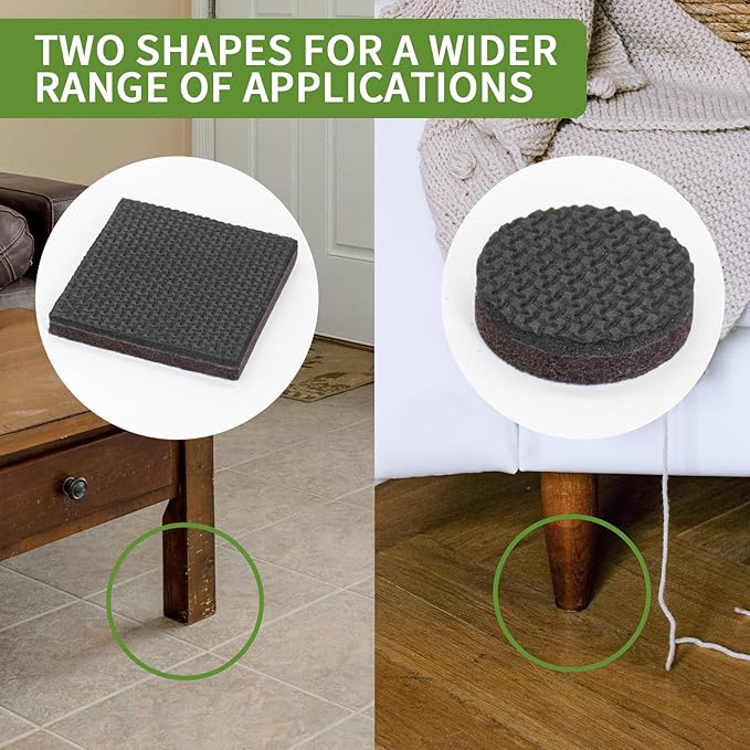 COVERCORNER Non Slip Furniture Pads 48 PCS - 32 pcs 1” Round + 16 pcs 2" Square - Anti Slip Furniture Pads - Self Adhesive Rubber Feet Furniture Feet - Chair Leg Floor Protectors