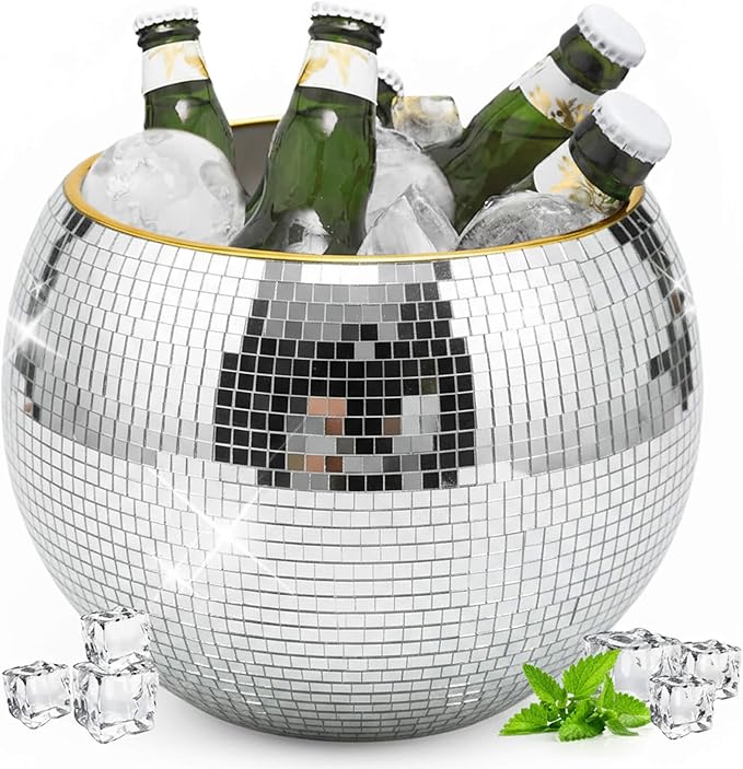 Bertork 9.8 Inch Disco Ball Ice Bucket, Mirror Silver Cooler for Wine, Beer & Champagne, Perfect Retro Party Accessory