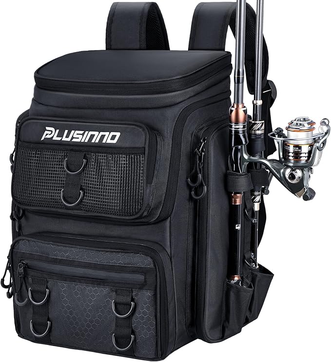 PLUSINNO Fishing Backpack with Rod Holders Tackle Box, 42L Large Water-resistant Fishing Tackle Bag Store Fishing Gear
