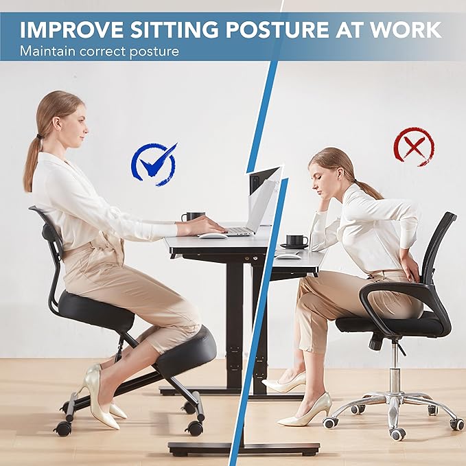 SOMEET Ergonomic Kneeling Chair with Back Support, Kneeling Desk Chair for Home Office with Brake and Gliding Casters, Adjustable Posture Chair with High Back for Desk to Relieve Back Pain, Black PU