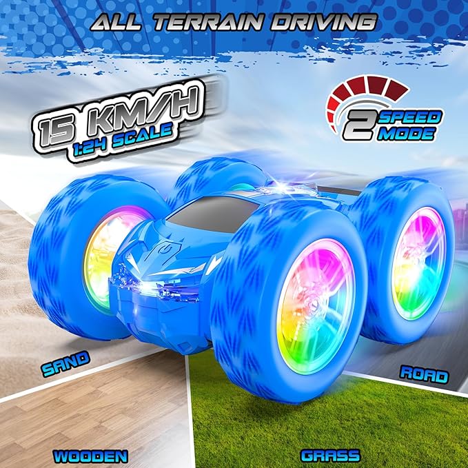 Remote Control Car for Kids, RC Stunt Cars Toys for Boys Ages 4-7 with Cool Double-Sided Pattern and LED Flash, 1:24 Vehicle Toy Car Hobby Racing Car Toys Gift for 3 4 5 6 7 8 9 Year Old Boys