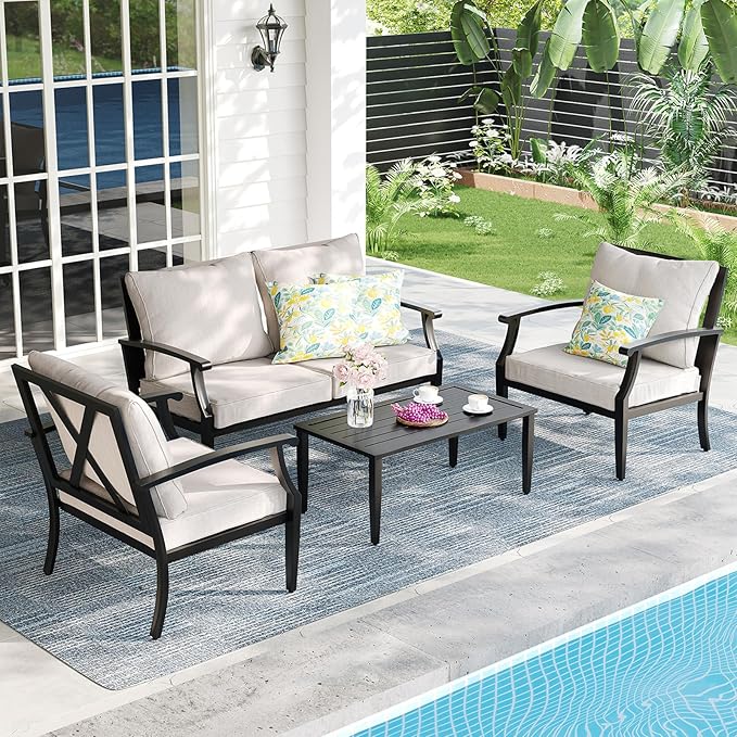 SunloungeCo 4-Piece Patio Furniture Set, Wider Outdoor Metal Seating Sofa with High Back & Loveseat, Coffee Table, All Weather Metal Conversation Set for Backyard, Poolside, Deck-Beige