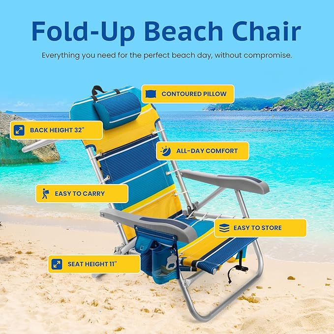 Homevative Cooler+ Folding Backpack Beach Chair with 5 Positions, Towel bar, XL Cooler Pouch, Storage Net, Cup and Phone Holder, Sunshine, 2 Pack