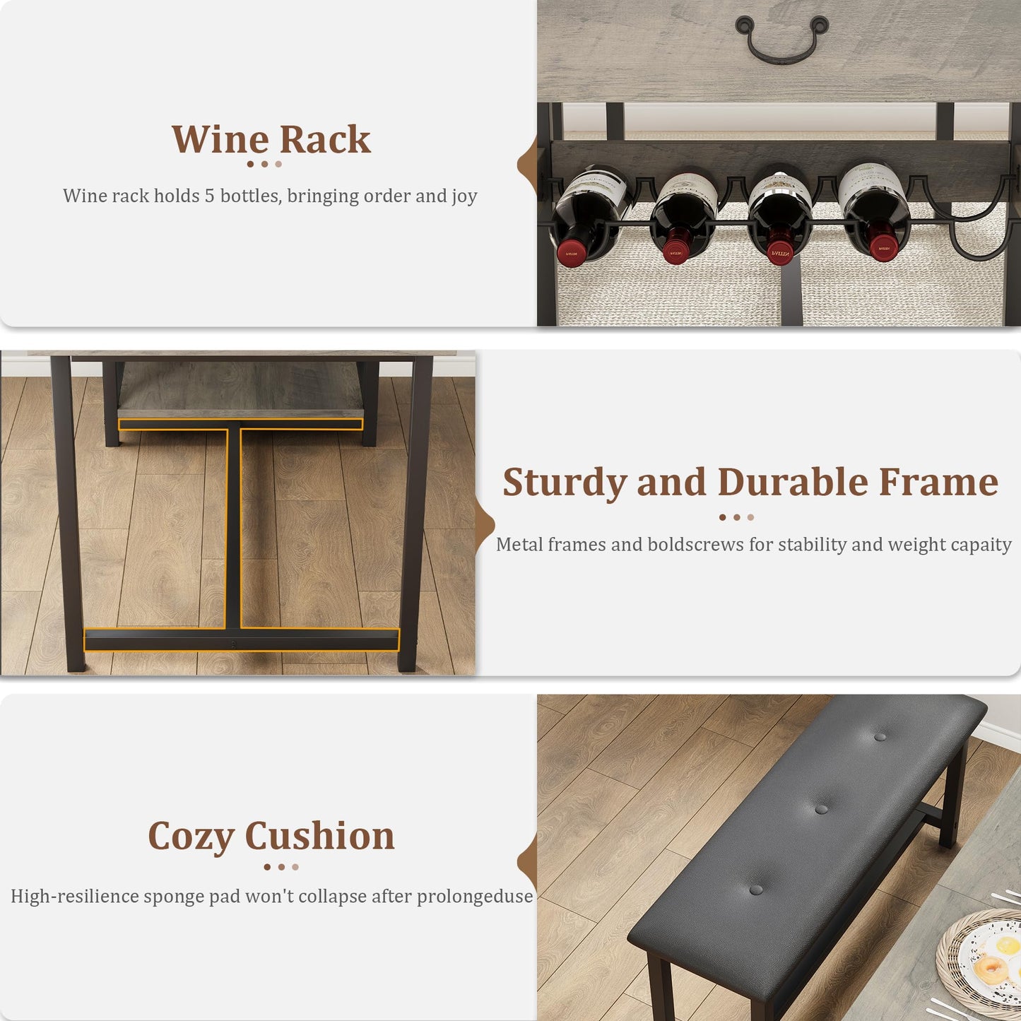 Dining Table Set for 4 People, Kitchen Table Set with 2 PU Leather Upholstered Benches, MDF Wood Board Dining Room Table Set with Drawer & Wine Rack for Breakfast Nook, Apartment, Small Spaces